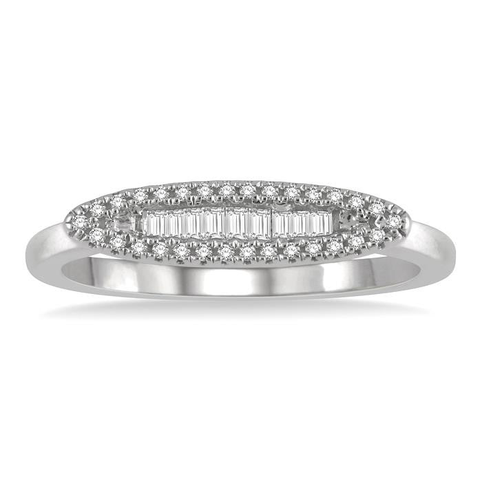 1/5 Ctw Pod Center Baguette and Round Cut Diamond Stackable Petite Fashion Ring in 10K White Gold