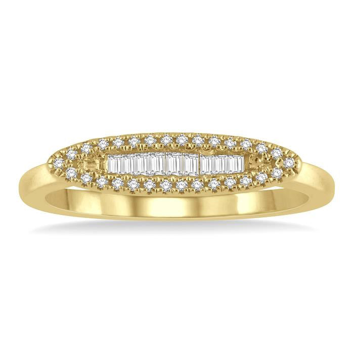 1/5 Ctw Pod Center Baguette and Round Cut Diamond Stackable Petite Fashion Ring in 10K Yellow Gold