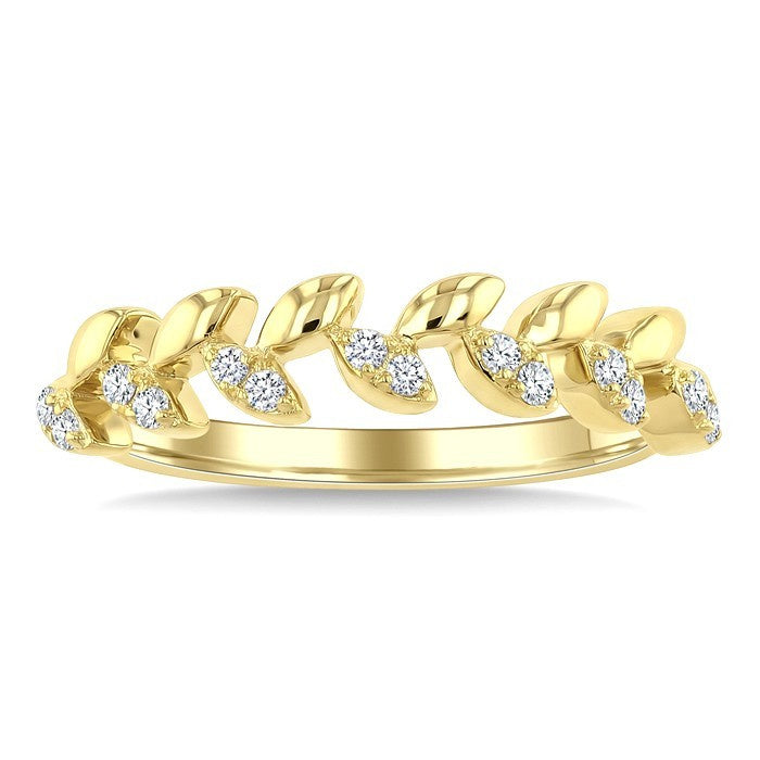 1/8 Ctw Round Cut Diamond Leaf Stackable Fashion Band in 10K Yellow Gold