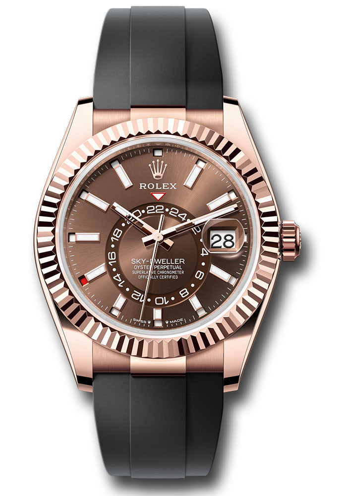 *Pre-Owned* Rolex Everose Gold Sky-Dweller Watch - Fluted Ring Command Bezel - Chocolate Index Dial - Oysterflex Strap