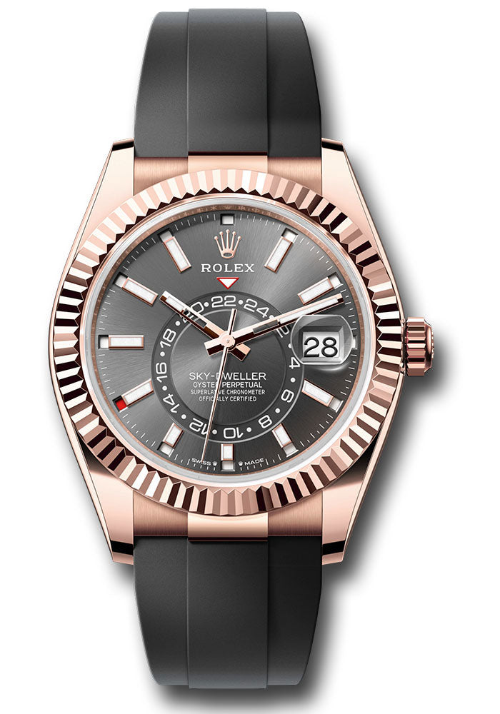 *Pre-Owned* Rolex Everose Gold Sky-Dweller Watch - Fluted Ring Command Bezel - Slate Index Dial - Oysterflex Strap