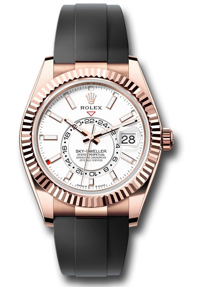*Pre-Owned* Rolex Everose Gold Sky-Dweller Watch - Fluted Ring Command Bezel - White Index Dial - Oysterflex Strap