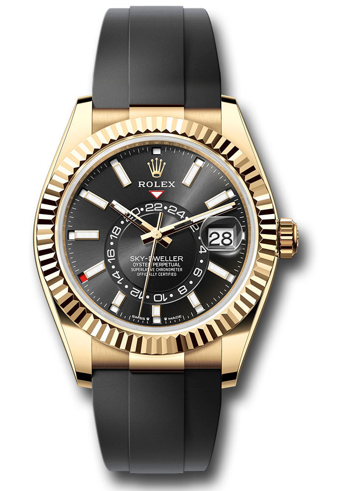 *Pre-Owned* Rolex Yellow Gold Sky-Dweller Watch - Fluted Ring Command Bezel - Black Index Dial - Oysterflex Strap