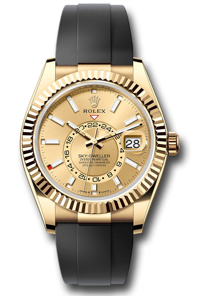*Pre-Owned* Rolex Yellow Gold Sky-Dweller Watch - Fluted Ring Command Bezel - Champagne Index Dial - Oysterflex Strap