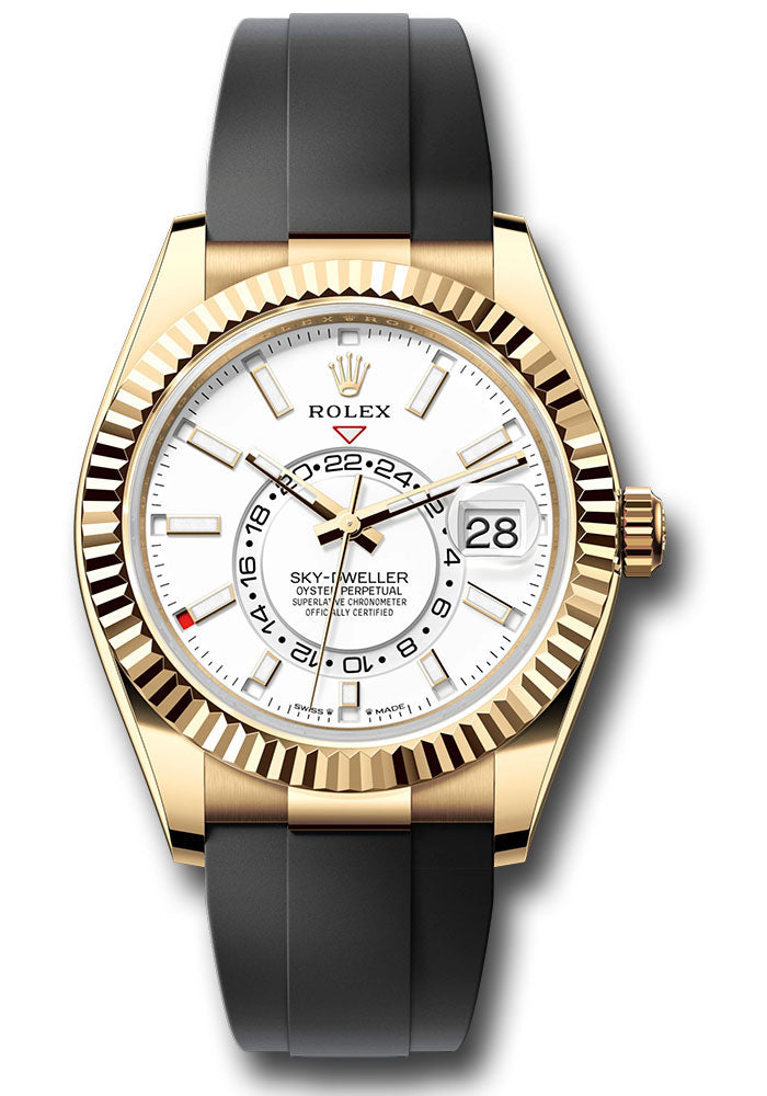 *Pre-Owned* Rolex Yellow Gold Sky-Dweller Watch - Fluted Ring Command Bezel - White Index Dial - Oysterflex Strap