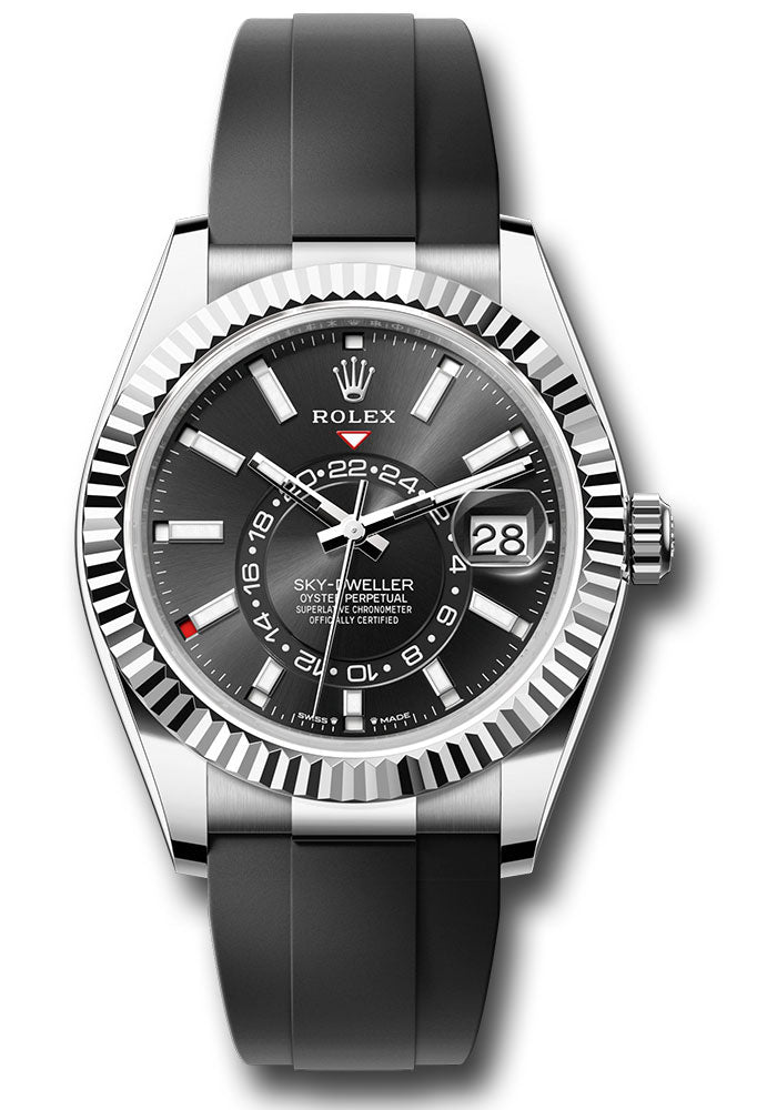 *Pre-Owned* Rolex White Gold Sky-Dweller Watch - Fluted Ring Command Bezel - Black Index Dial - Oysterflex Strap