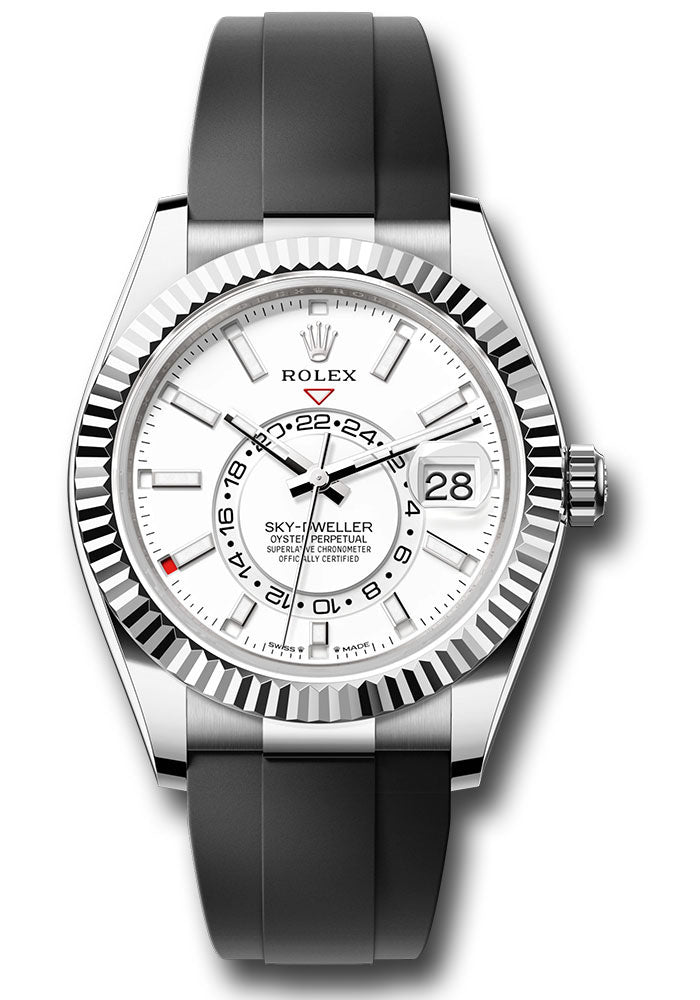 *Pre-Owned* Rolex White Gold Sky-Dweller Watch - Fluted Ring Command Bezel - White Index Dial - Oysterflex Strap