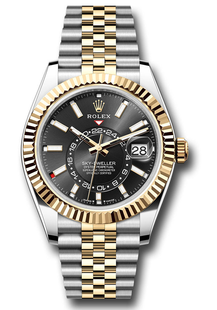 *Pre-Owned* Rolex Yellow Rolesor Sky-Dweller Watch - Fluted Ring Command Bezel - Black Index Dial - Jubilee Bracelet