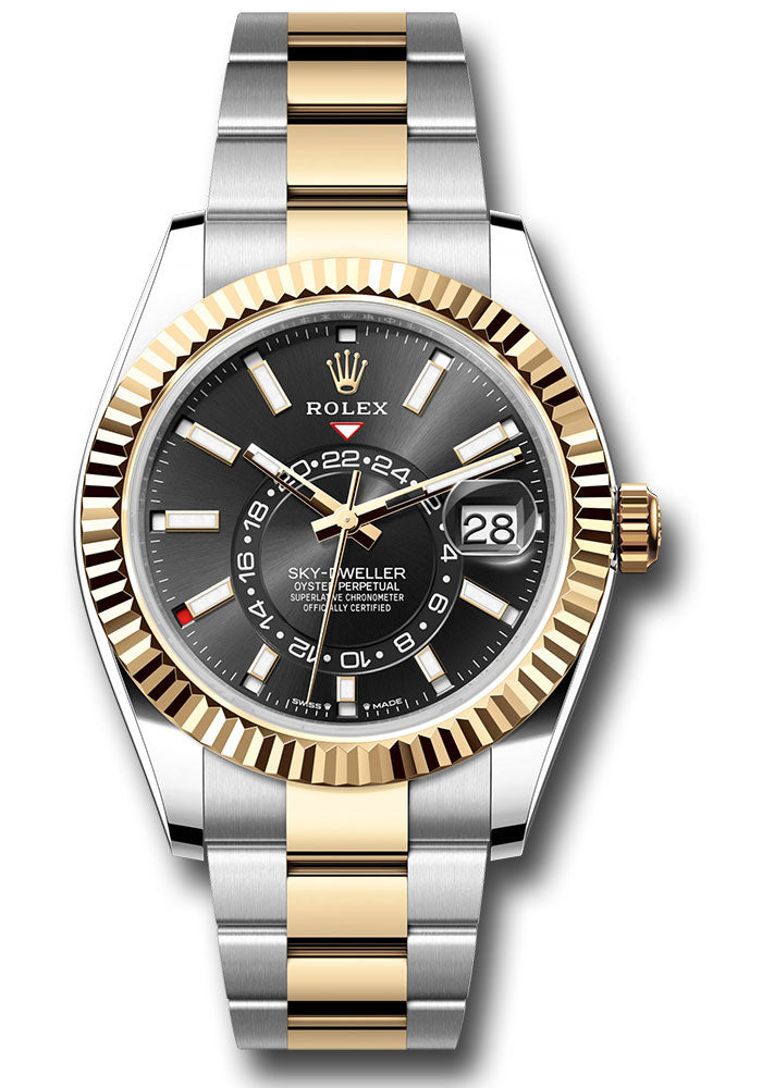 *Pre-Owned* Rolex Yellow Rolesor Sky-Dweller Watch - Fluted Ring Command Bezel - Black Index Dial - Oyster Bracelet