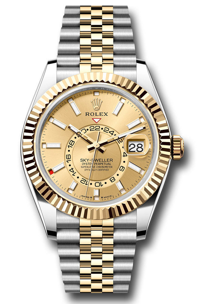 *Pre-Owned* Rolex Yellow Rolesor Sky-Dweller Watch - Fluted Ring Command Bezel - Champagne Index Dial - Jubilee Bracelet