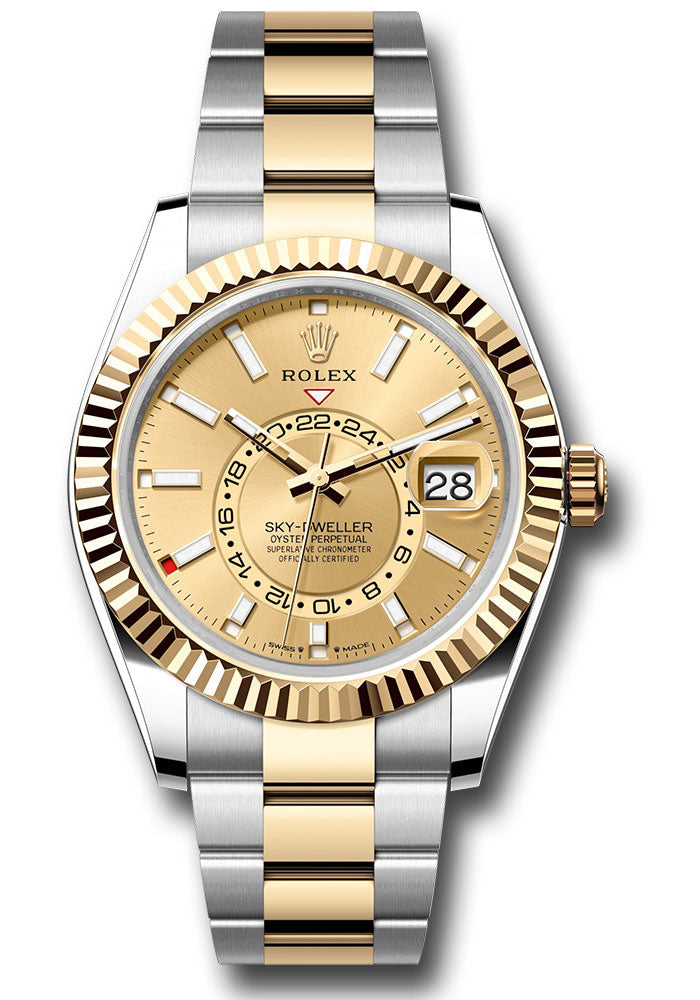 *Pre-Owned* Rolex Yellow Rolesor Sky-Dweller Watch - Fluted Ring Command Bezel - Champagne Index Dial - Oyster Bracelet
