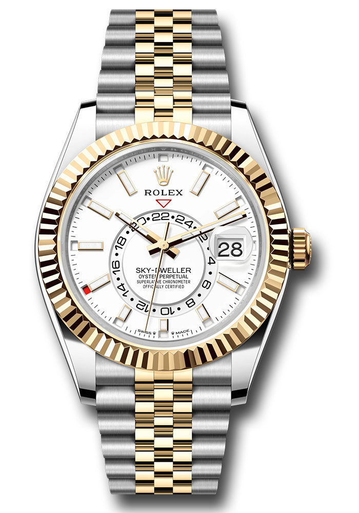 *Pre-Owned* Rolex Yellow Rolesor Sky-Dweller Watch - Fluted Ring Command Bezel - White Index Dial - Jubilee Bracelet
