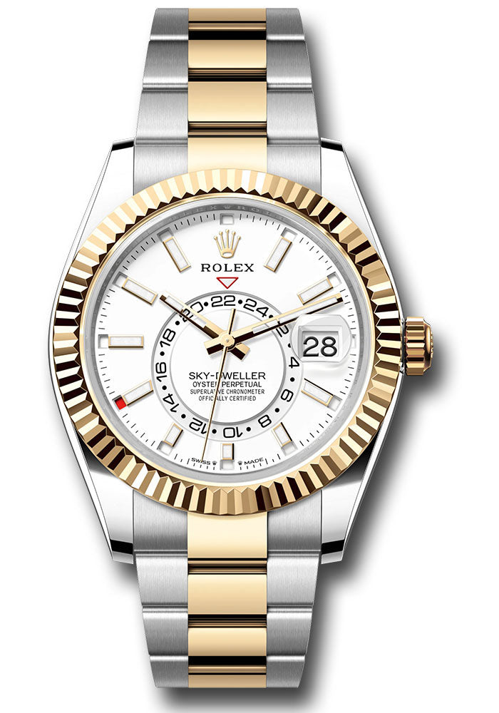 *Pre-Owned* Rolex Yellow Rolesor Sky-Dweller Watch - Fluted Ring Command Bezel - White Index Dial - Oyster Bracelet