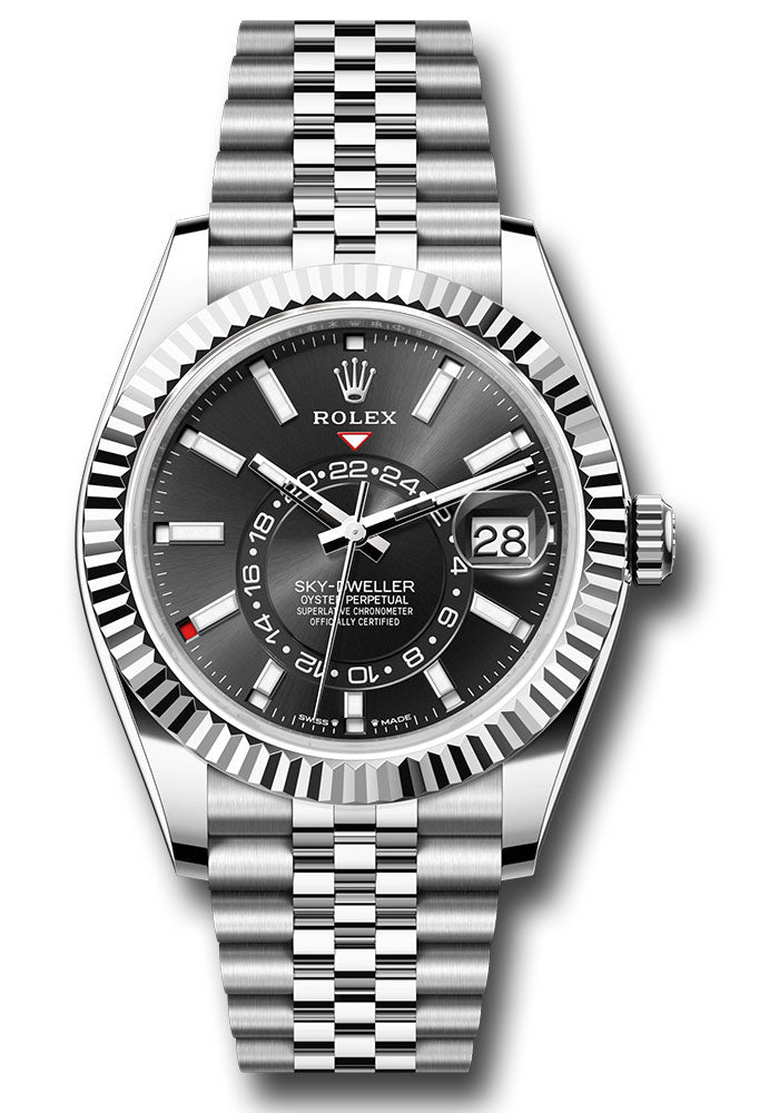 *Pre-Owned* Rolex White Rolesor Sky-Dweller Watch - Fluted Ring Command Bezel - Black Index Dial - Jubilee Bracelet