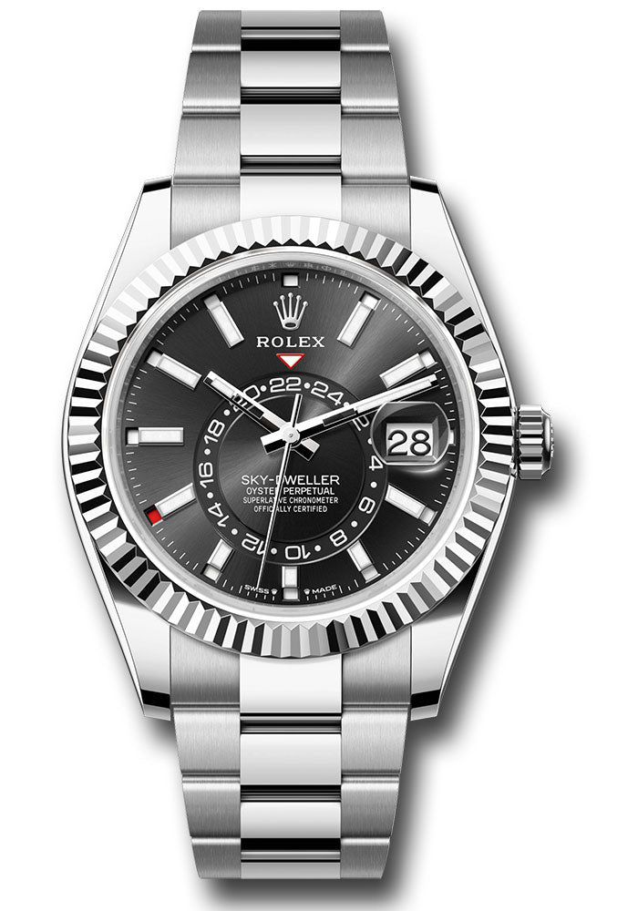 *Pre-Owned* Rolex White Rolesor Sky-Dweller Watch - Fluted Ring Command Bezel - Black Index Dial - Oyster Bracelet