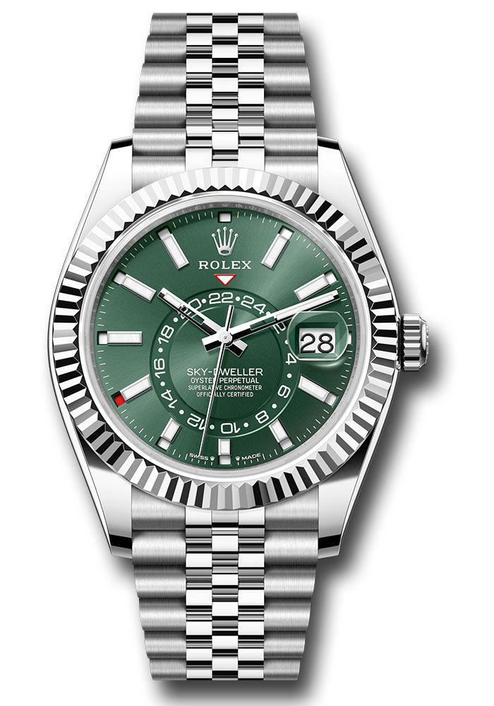 *Pre-Owned* Rolex White Rolesor Sky-Dweller Watch - Fluted Ring Command Bezel - Mint Green Index Dial - Jubilee Bracelet