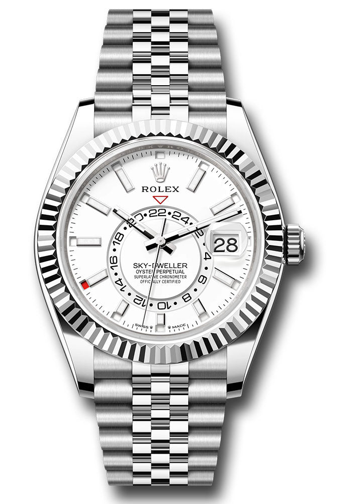 *Pre-Owned* Rolex White Rolesor Sky-Dweller Watch - Fluted Ring Command Bezel - White Index Dial - Jubilee Bracelet