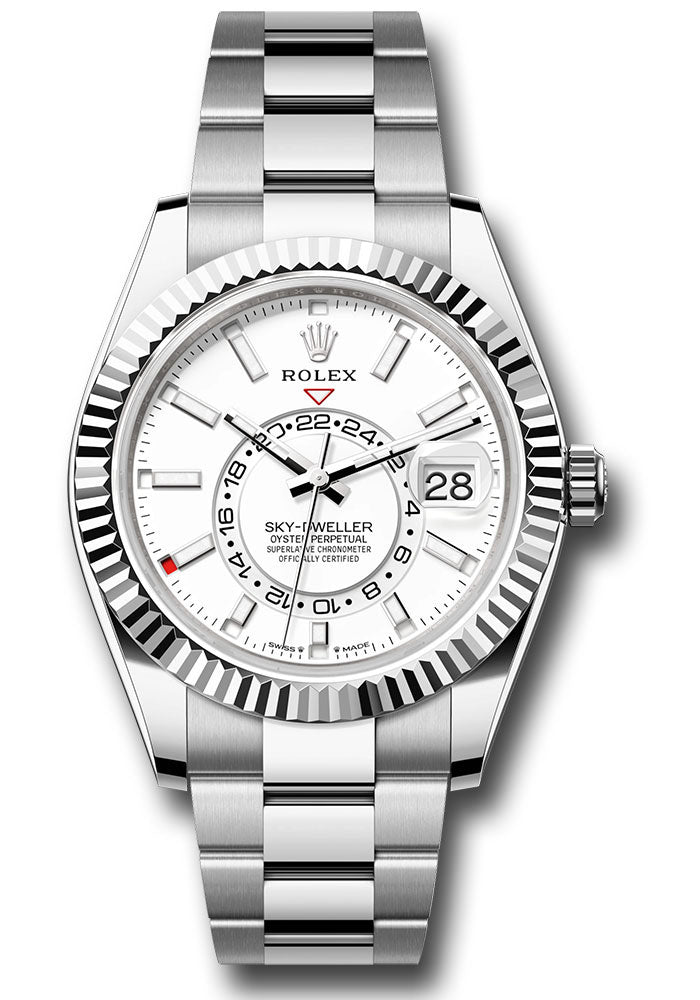 *Pre-Owned* Rolex White Rolesor Sky-Dweller Watch - Fluted Ring Command Bezel - White Index Dial - Oyster Bracelet