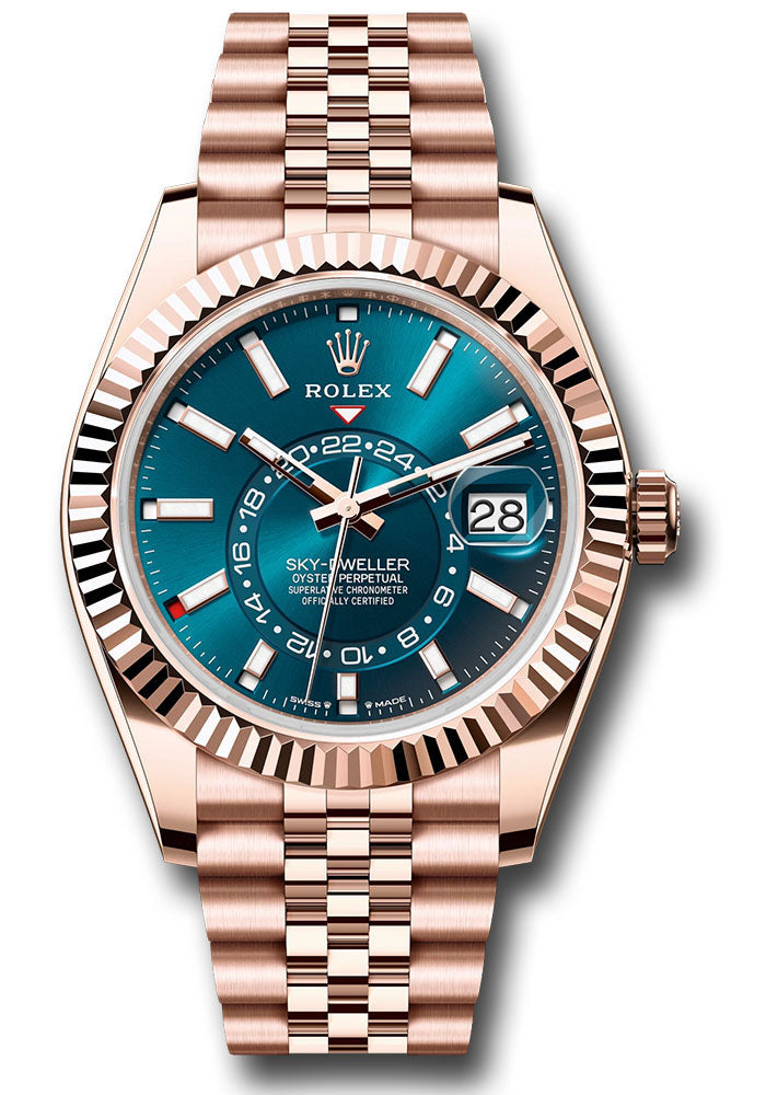 *Pre-Owned* Rolex Everose Gold Sky-Dweller Watch - Fluted Ring Command Bezel - Blue-Green Dial - Jubilee Bracelet