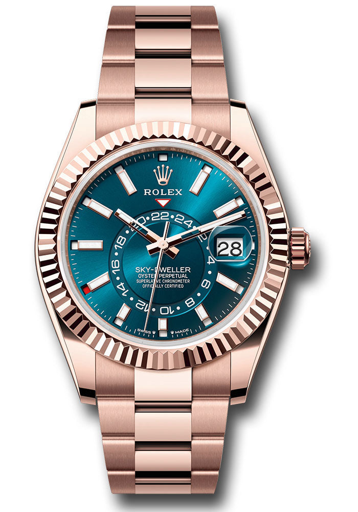 *Pre-Owned* Rolex Everose Gold Sky-Dweller Watch - Fluted Ring Command Bezel - Blue-Green Index Dial - Oyster Bracelet