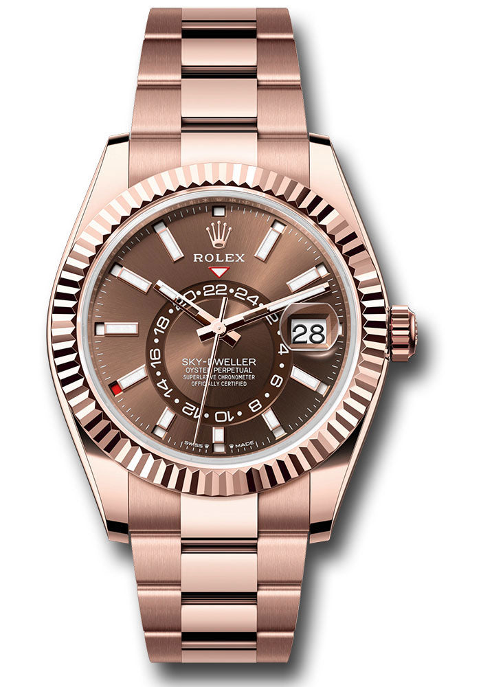 *Pre-Owned* Rolex Everose Gold Sky-Dweller Watch - Fluted Ring Command Bezel - Chocolate Index Dial - Oyster Bracelet