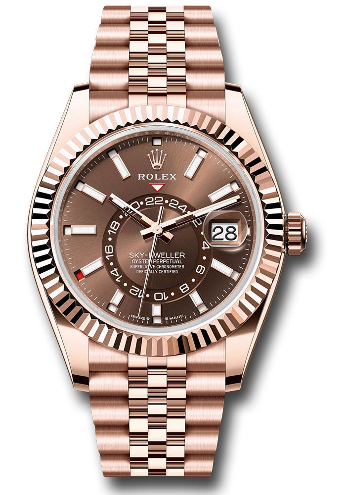 *Pre-Owned* Rolex Everose Gold Sky-Dweller Watch - Fluted Ring Command Bezel - Chocolate Dial - Jubilee Bracelet