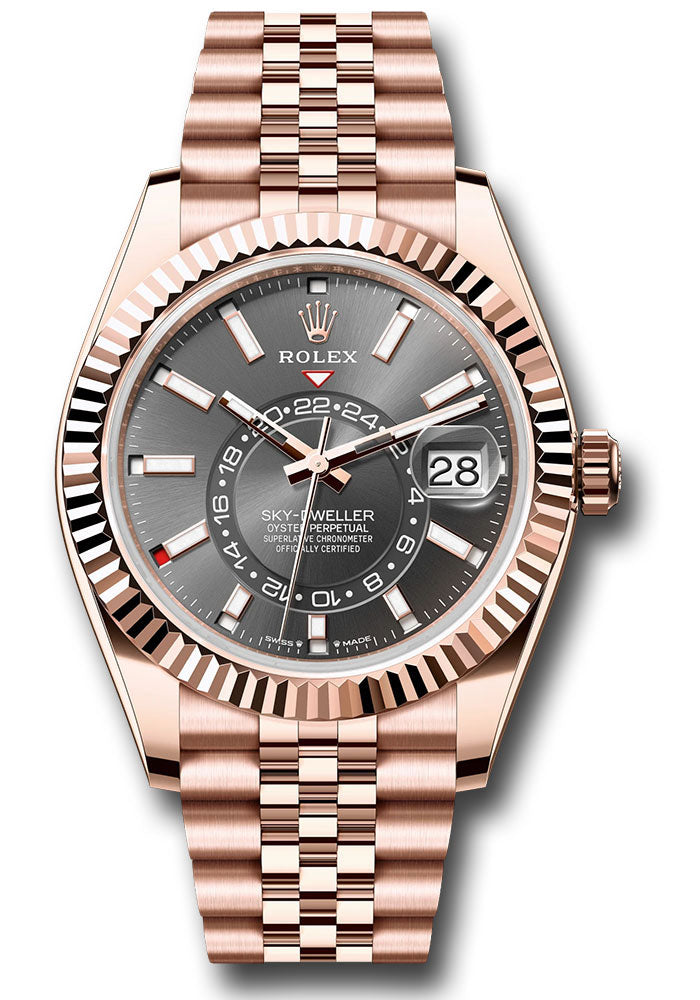 *Pre-Owned* Rolex Everose Gold Sky-Dweller Watch - Fluted Ring Command Bezel - Slate Dial - Jubilee Bracelet