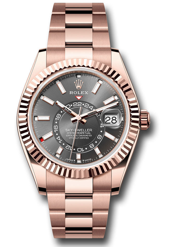 *Pre-Owned* Rolex Everose Gold Sky-Dweller Watch - Fluted Ring Command Bezel - Slate Index Dial - Oyster Bracelet