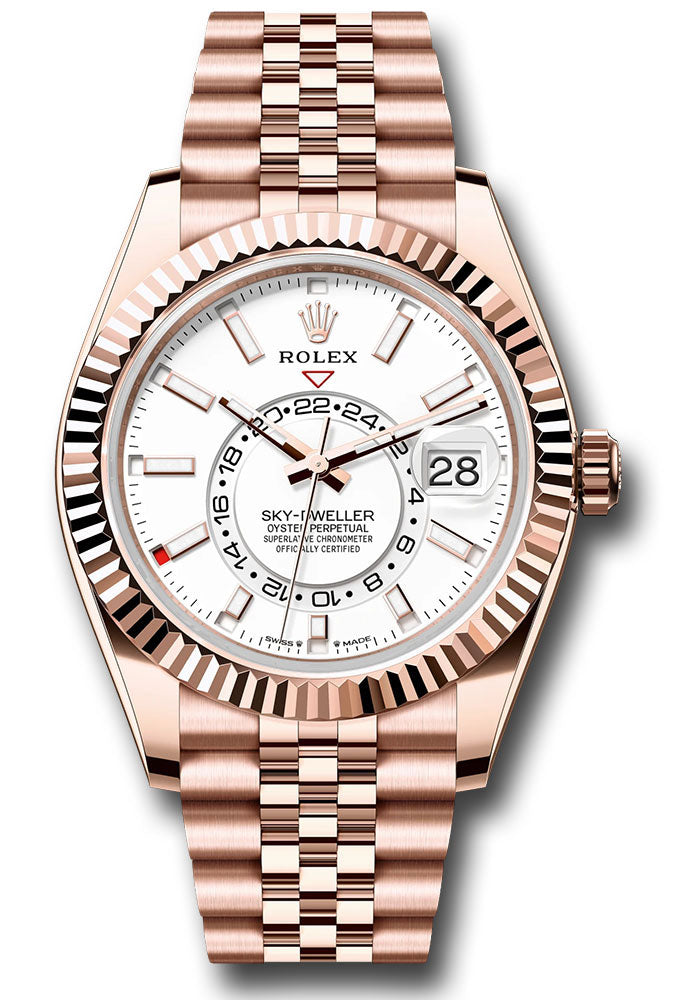 *Pre-Owned* Rolex Everose Gold Sky-Dweller Watch - Fluted Ring Command Bezel - White Dial - Jubilee Bracelet