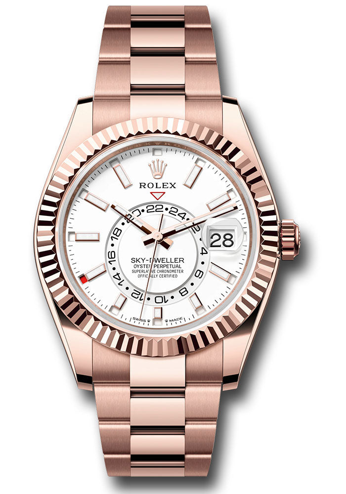 *Pre-Owned* Rolex Everose Gold Sky-Dweller Watch - Fluted Ring Command Bezel - White Index Dial - Oyster Bracelet
