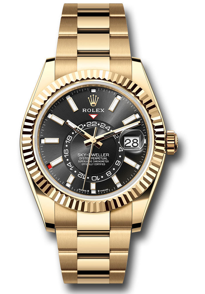 *Pre-Owned* Rolex Yellow Gold Sky-Dweller Watch - Fluted Ring Command Bezel - Black Index Dial - Oyster Bracelet