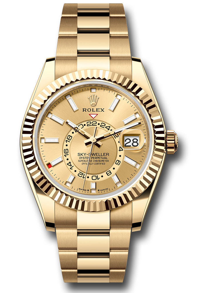 *Pre-Owned* Rolex Yellow Gold Sky-Dweller Watch - Fluted Ring Command Bezel - White Index Dial - Oyster Bracelet