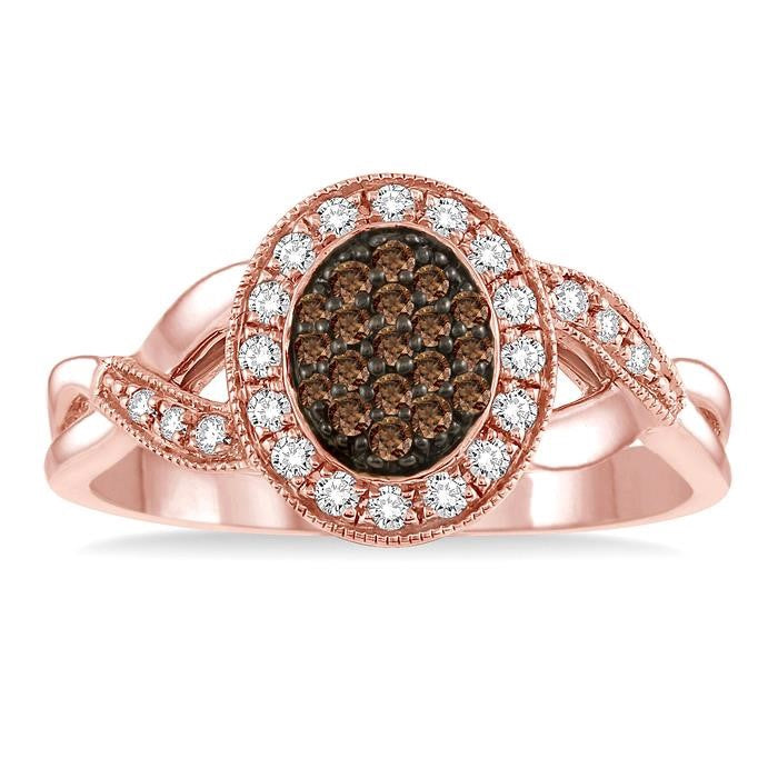 1/3 Ctw Round Cut White and Champagne Brown Diamond Ring in 10K Rose Gold