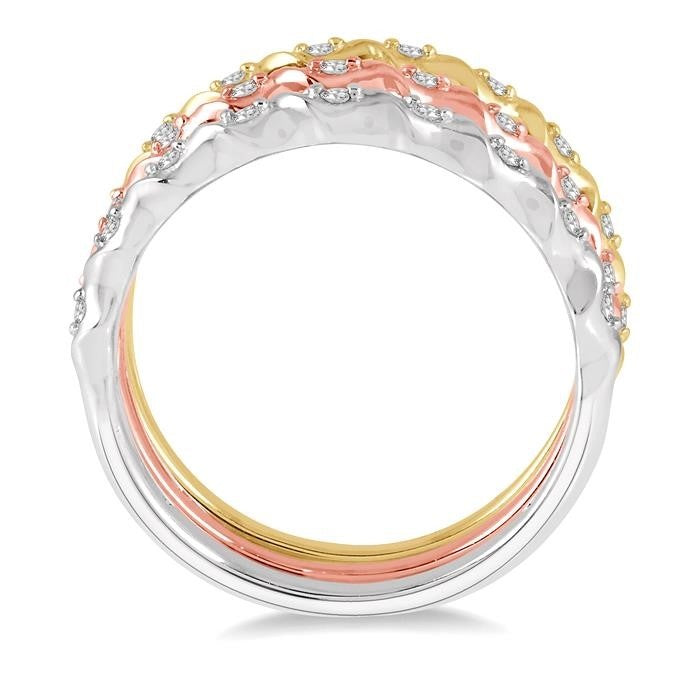 1/5 Ctw Twisted Top Three Tone Round Cut Diamond Stackable Band Set in 14K White, Yellow and Rose Gold