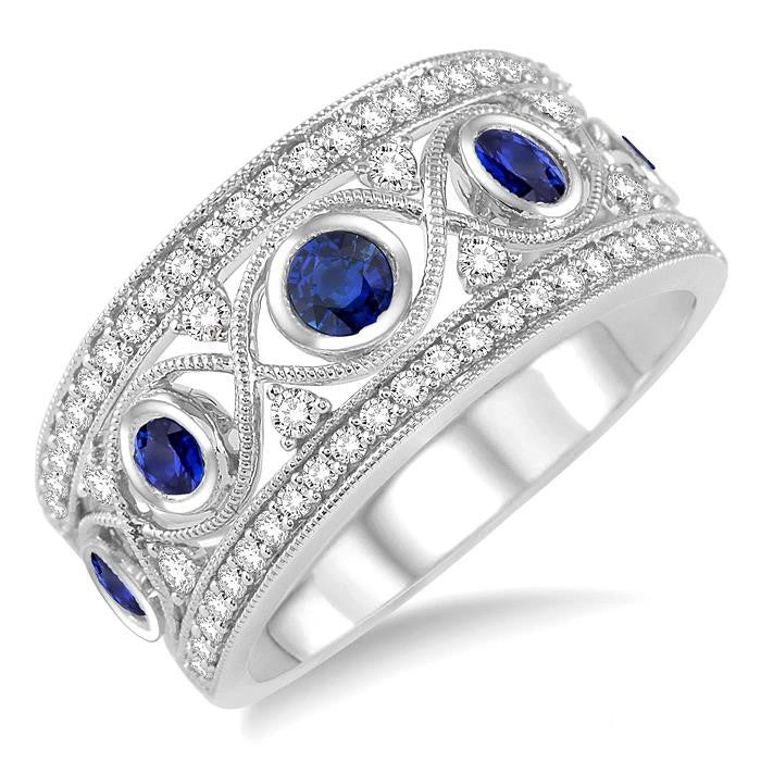 14K White Gold Sapphire & .50Ctw Round Cut Diamond Fashion Band