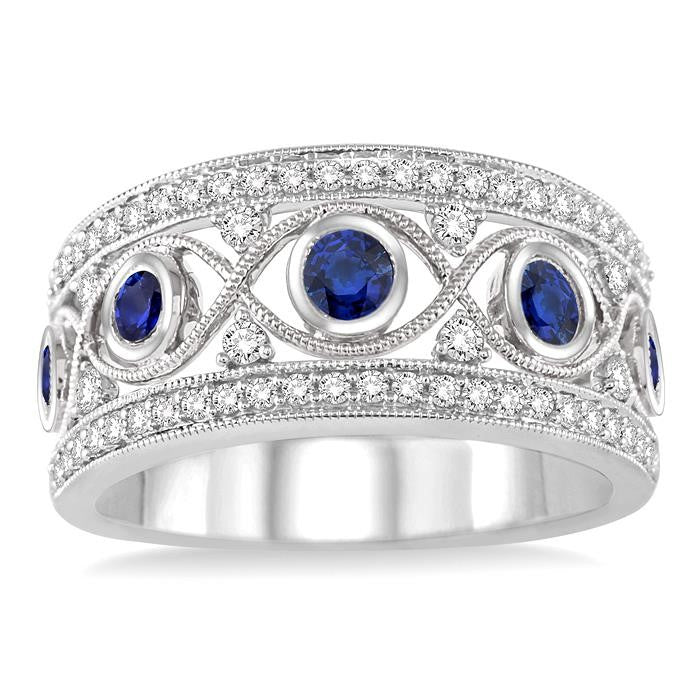 2.6 MM Round Cut Sapphire and 1/2 Ctw Round Cut Diamond Precious Band in 14K White Gold