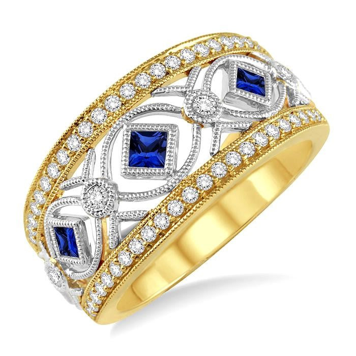 2.2&2.6 MM Princess Cut Sapphire and 1/3 Ctw Round Cut Diamond Precious Band in 14K Yellow and White Gold