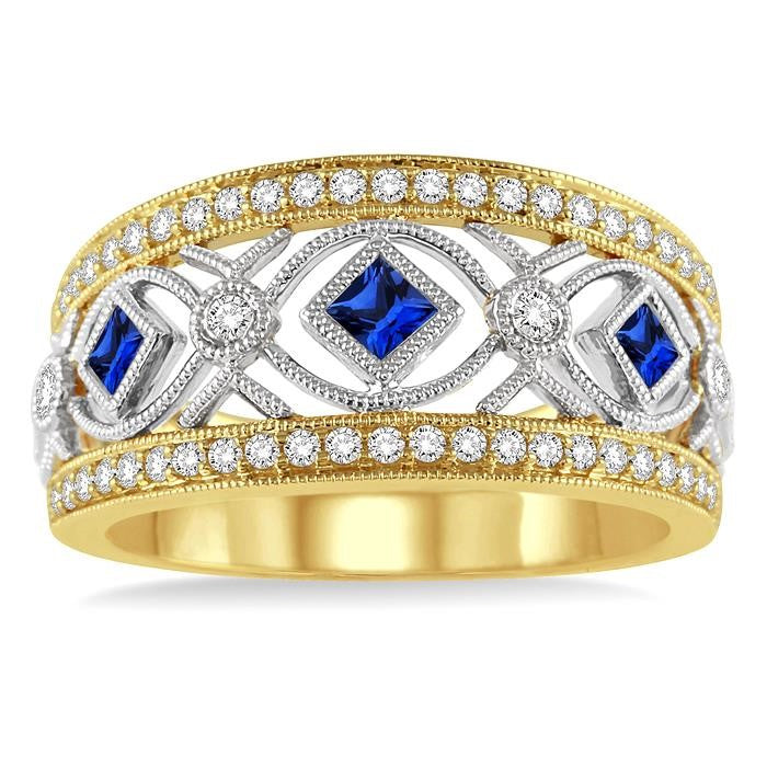 2.2&2.6 MM Princess Cut Sapphire and 1/3 Ctw Round Cut Diamond Precious Band in 14K Yellow and White Gold