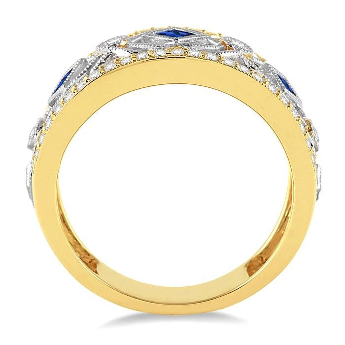 2.2&2.6 MM Princess Cut Sapphire and 1/3 Ctw Round Cut Diamond Precious Band in 14K Yellow and White Gold