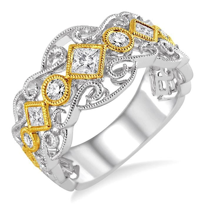 1/2 Ctw Round and Princess Cut Diamond Fashion Band in 14K White and Yellow Gold
