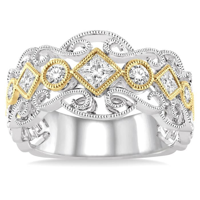 1/2 Ctw Round and Princess Cut Diamond Fashion Band in 14K White and Yellow Gold