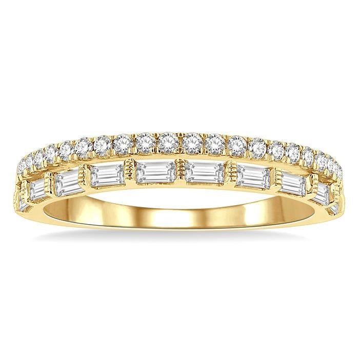 1/2 Ctw Parallel Row Baguette and Round Cut Diamond Stackable Fashion Band in 14K Yellow Gold