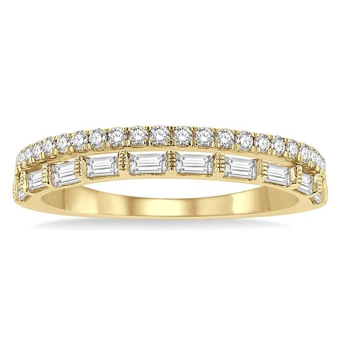 1/2 Ctw Parallel Row Baguette and Round Cut Diamond Stackable Fashion Band in 14K Yellow Gold