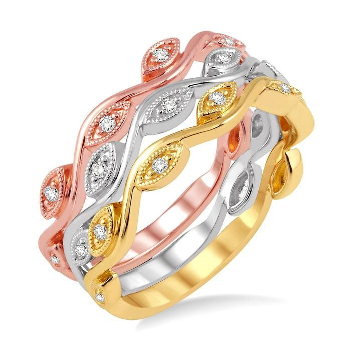 1/6 Ctw Marquise Shape Round Cut Diamond Triple Band Set in 14K Tri Color Gold