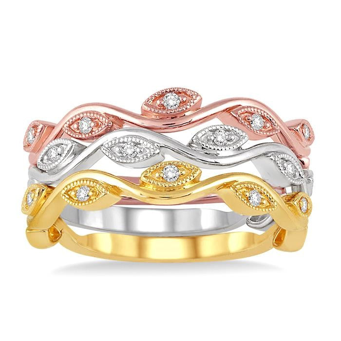 1/6 Ctw Marquise Shape Round Cut Diamond Triple Band Set in 14K Tri Color Gold