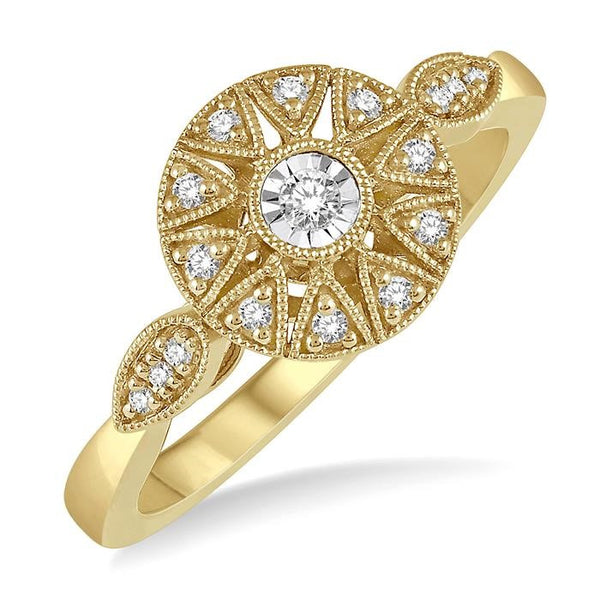 1/8 Ctw Lattice Circular Center Round Cut Diamond Ring in 10K Yellow Gold