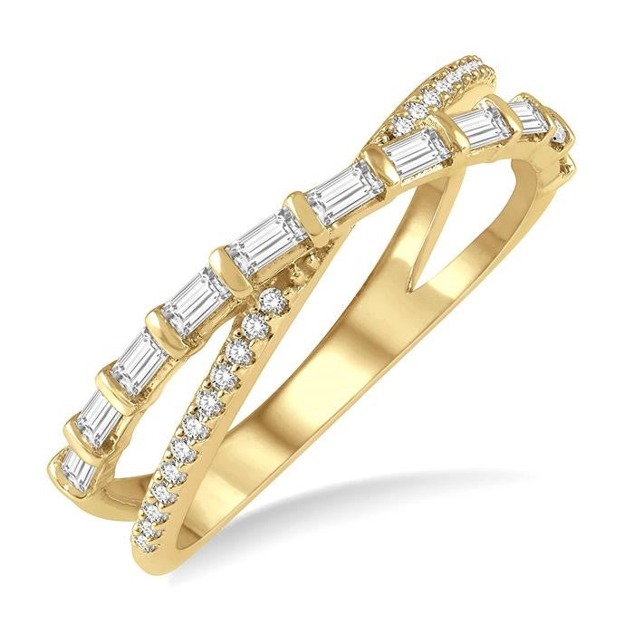 3/8 Ctw Wide Split Cross Over Baguette and Round Cut Diamond Fashion Ring in 14K Yellow Gold