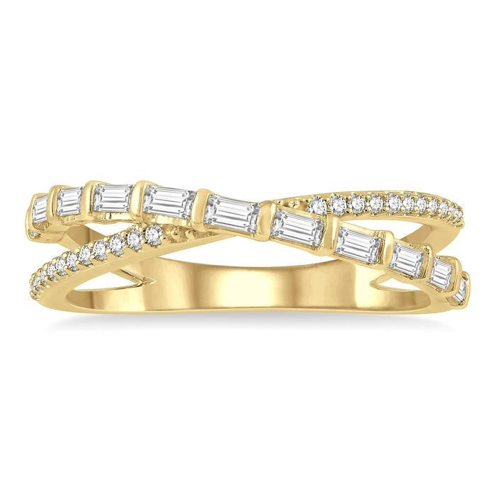 3/8 Ctw Wide Split Cross Over Baguette and Round Cut Diamond Fashion Ring in 14K Yellow Gold