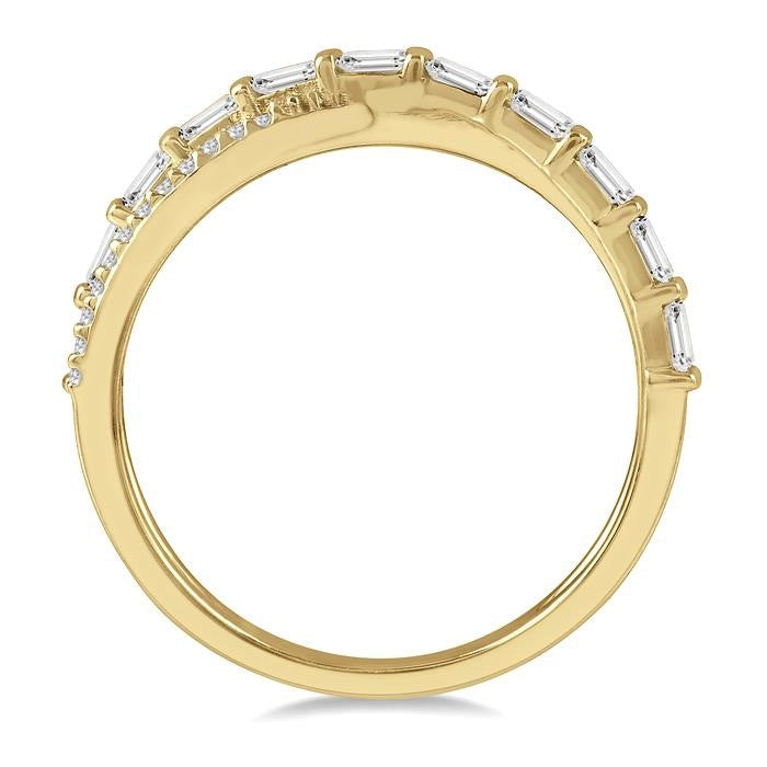 3/8 Ctw Wide Split Cross Over Baguette and Round Cut Diamond Fashion Ring in 14K Yellow Gold