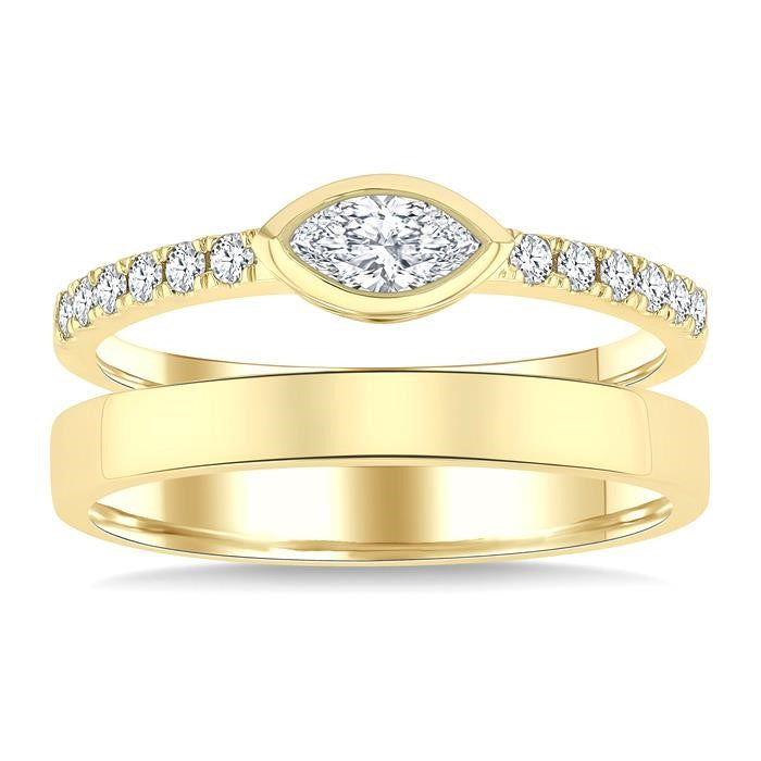 1/2 Ctw Split Twin Band Marquise and Round Cut Diamond Fashion Ring in 14K Yellow Gold